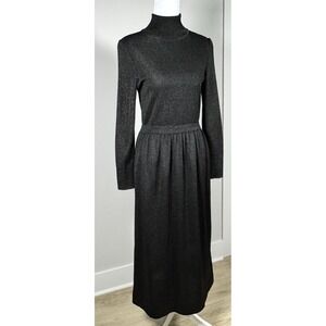 Vintage Perlhoff Potomac Black Turtleneck Subtle Sparkle Modest Midi Dress S/M